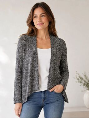 Eileen Fisher Organic Linen Open Front Knit Cardigan Gray Black Marl L